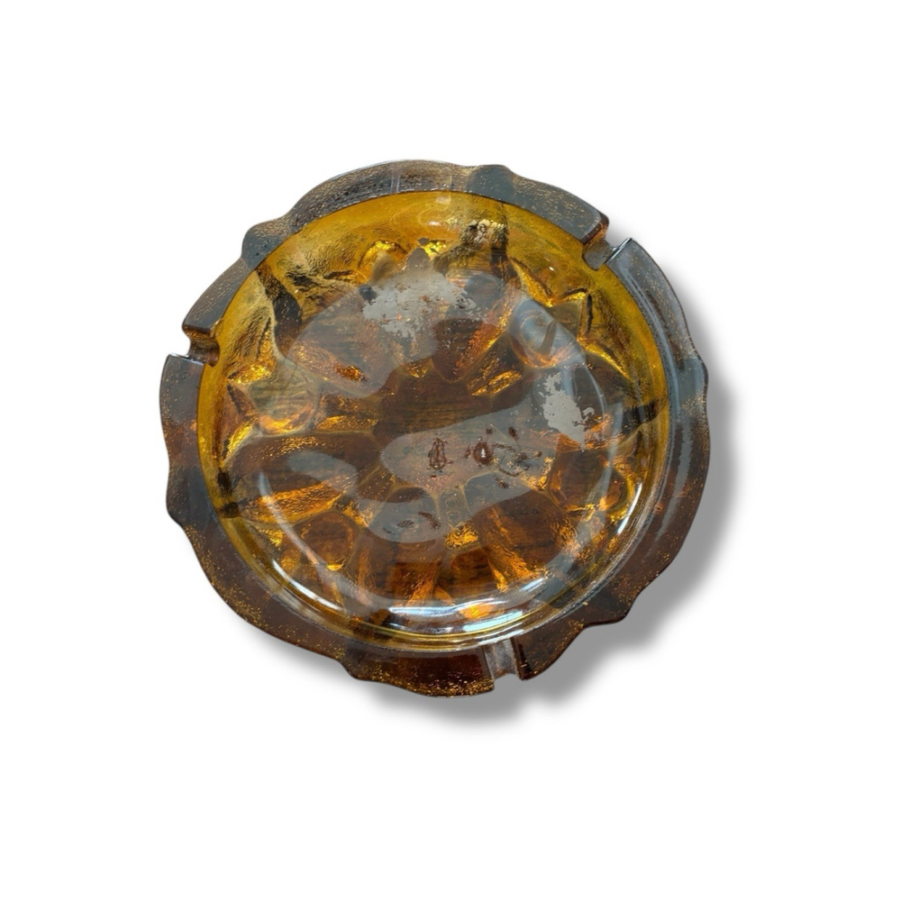 Big VTG Ashtray Or Dish Amber Glass, Round, Heavy